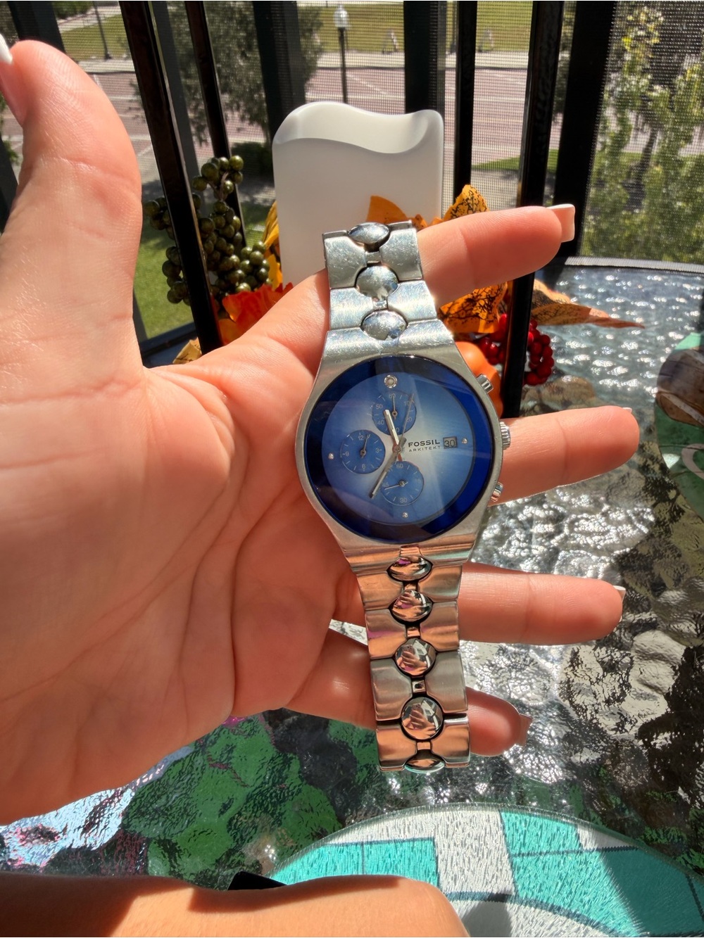 Fossil Silver Stainless Steel Watch with Blue Dial